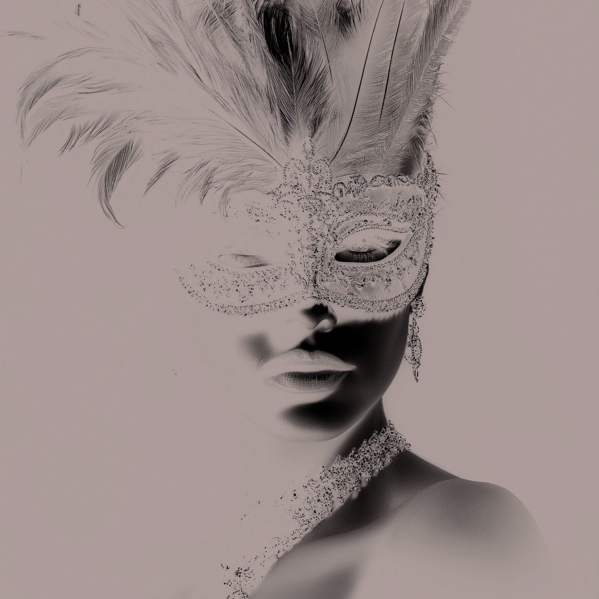 Masquerade NOIR — a woman in a lace masquerade mask and feather headdress, black and white portrait